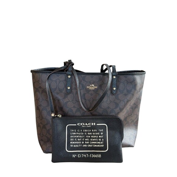Coach F36658 Signature Reversible City Tote, Black/Brown, Pouch Included READ - Picture 1 of 16